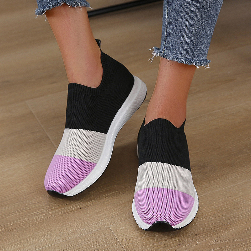 Plus Size Thick Bottom Round Toe Colorblock Flyknit Mesh Casual Sneakers