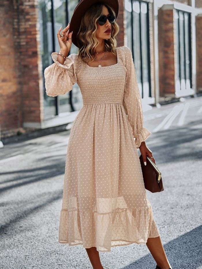 One-Shoulder Casual Solid Color U-Neck Lantern Sleeve Midi Dresses