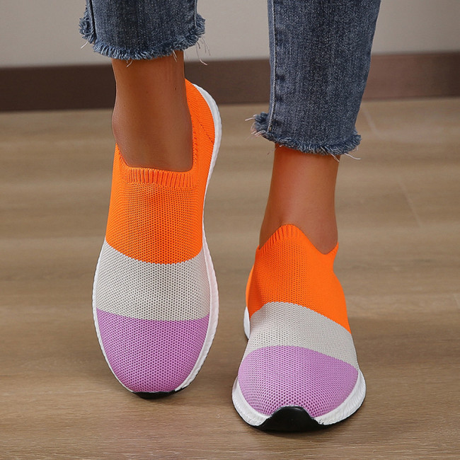 Plus Size Thick Bottom Round Toe Colorblock Flyknit Mesh Casual Sneakers