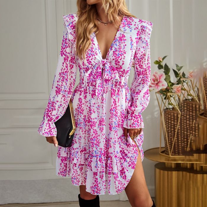 V-Neck Print Sexy Balloon Sleeve Mid-Rise Casual Dresses