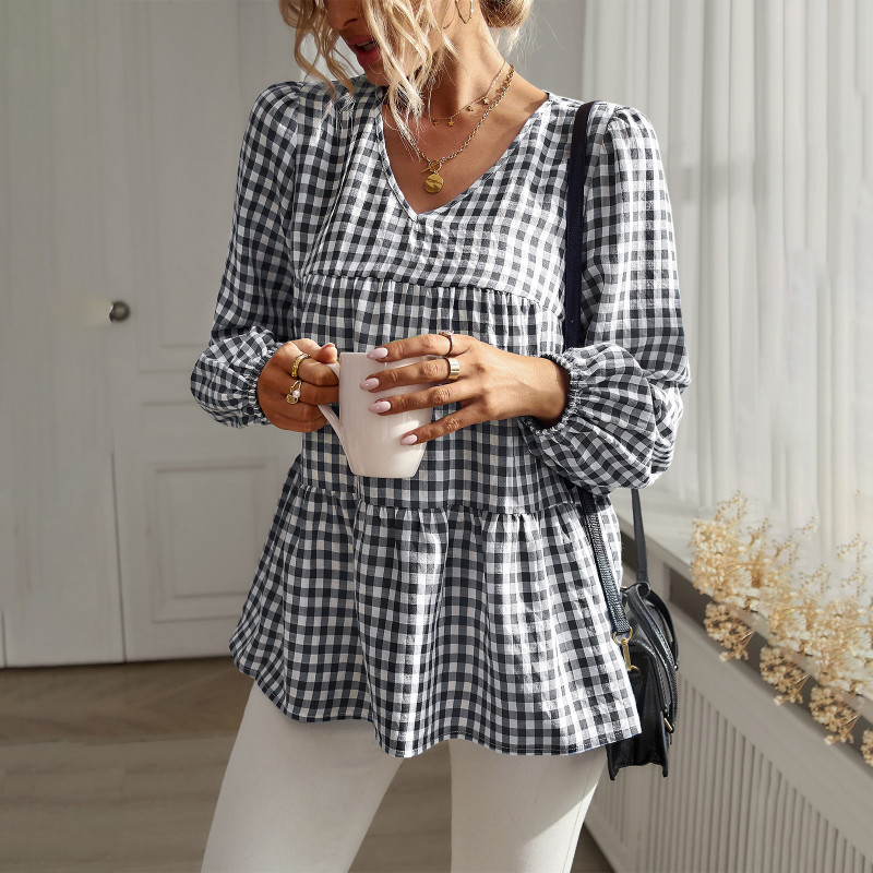 Casual Plaid Loose V-Neck Long Sleeves Blouses & Shirts