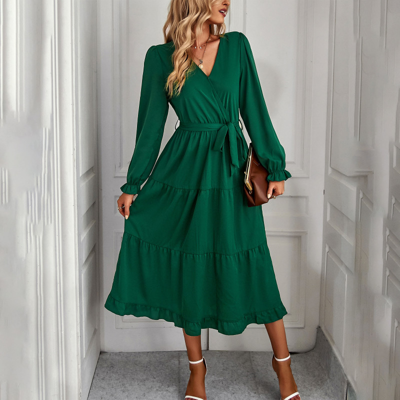 Elegant Solid Color Swing Casual V-Neck Midi Dresses