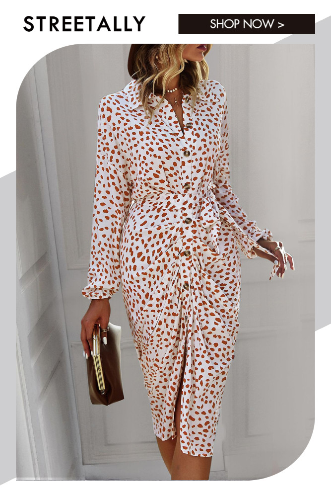 Elegant Print Lapel Tie Leopard Print Long Sleeve Casual Dresses