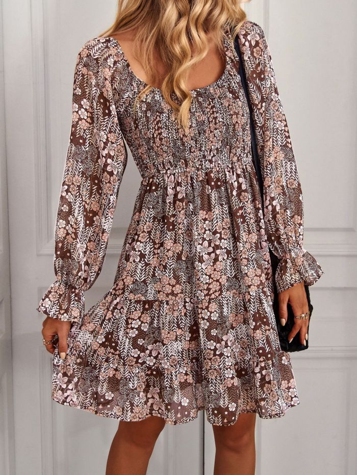 Boho Print Square Neck Chic Swing Balloon Sleeves Casual Dresses