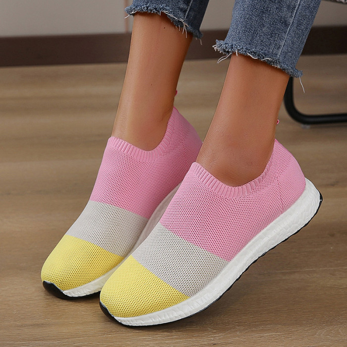 Plus Size Thick Bottom Round Toe Colorblock Flyknit Mesh Casual Sneakers