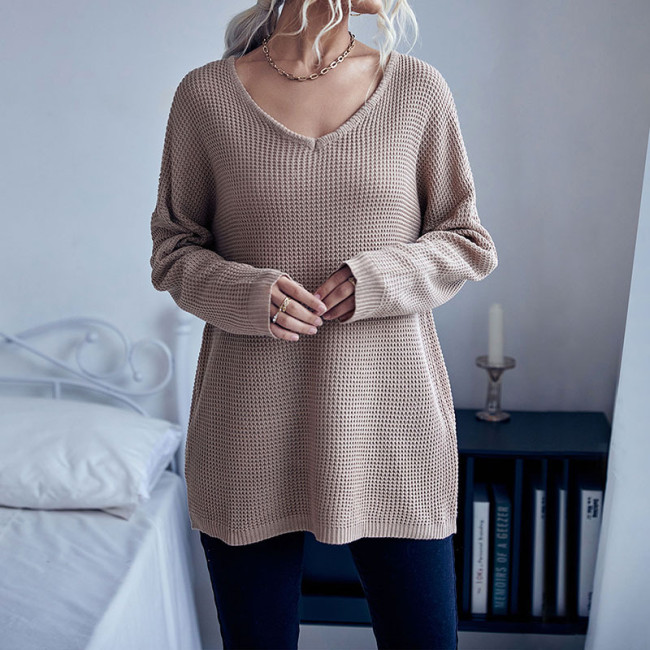 Solid Color Casual Loose Long Sleeve Solid Color V-Neck Chunky Pin Sweaters & Cardigans