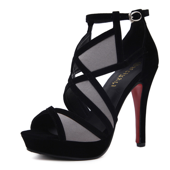 Hollow Stiletto Fish Mouth Sexy Color Matching Cross Strap Heels