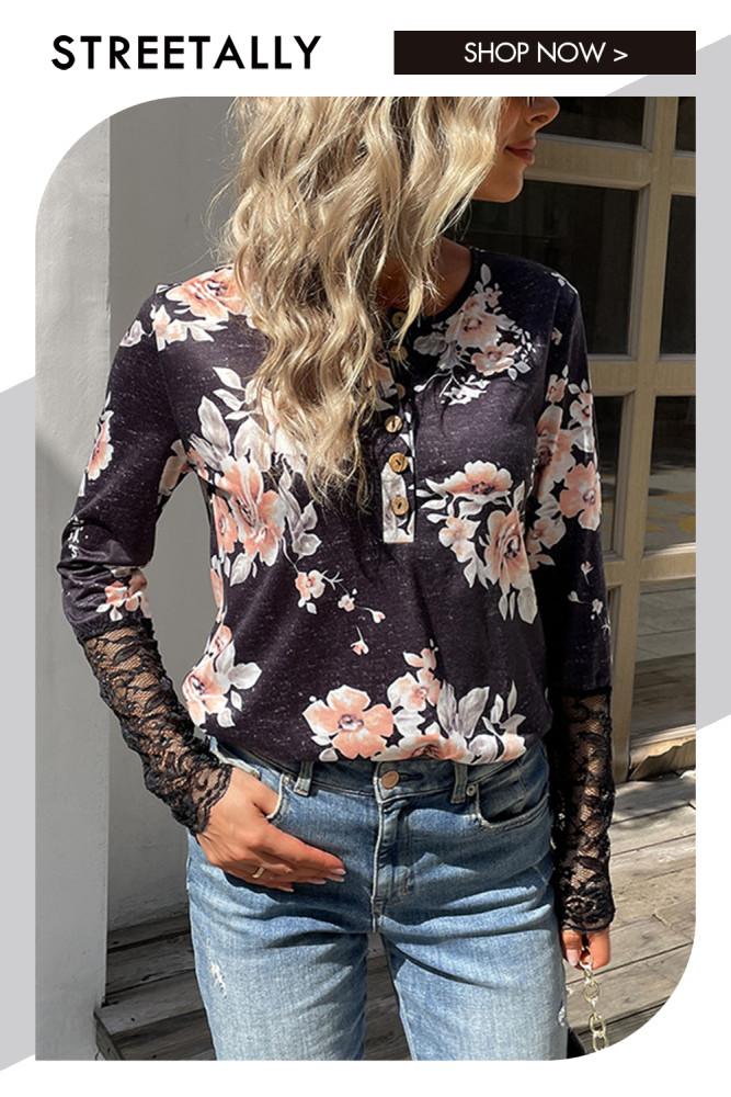 Casual Lace Panel Print Long Sleeve Hoodies & Sweatshirts