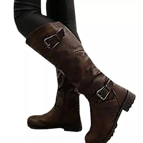 Large Size Round Toe Double Button Side Zip Flat Roman Boots