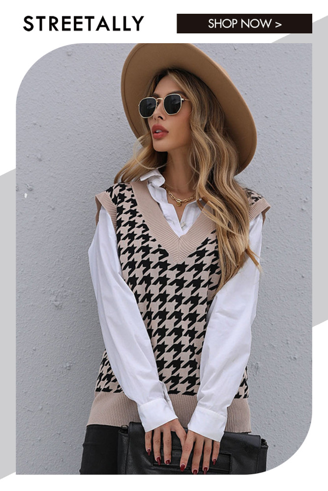 Trendy Mid-Length Houndstooth Vest Sweaters & Cardigans