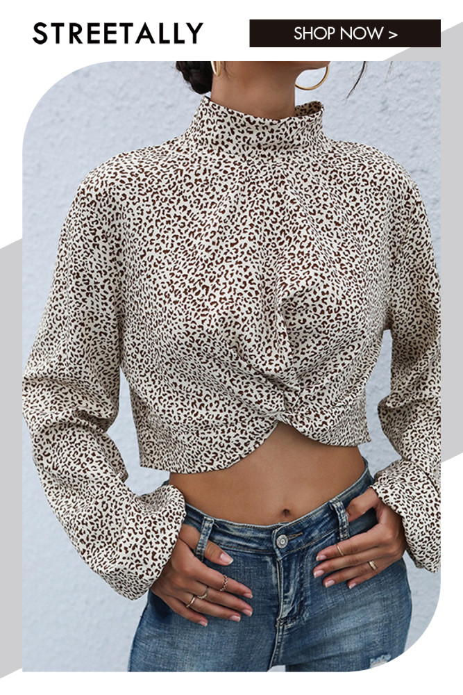 Fashion Crop Top Long Sleeve Pullover Turtleneck Leopard Blouses & Shirts