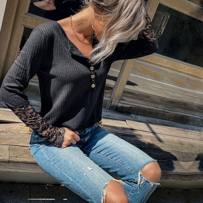 Elegant Casual Long Sleeve Lace Primed Black Hoodies & Sweatshirts