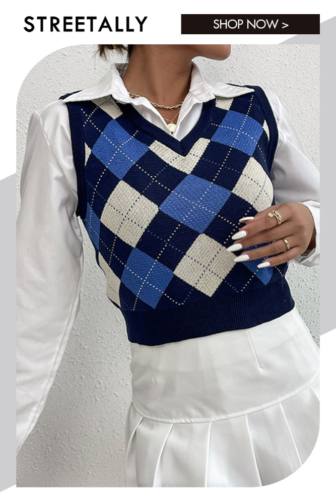 Fashion Slim Cropped Sleeveless Rhombus Vest Sweaters & Cardigans