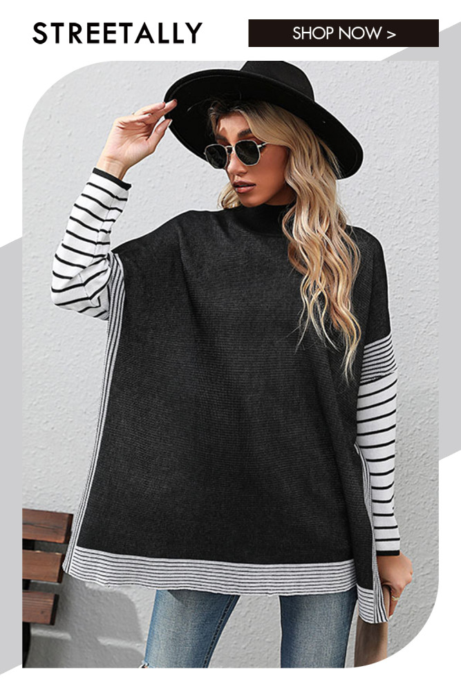 Long Sleeve Striped Turtleneck Loose Sweaters & Cardigans