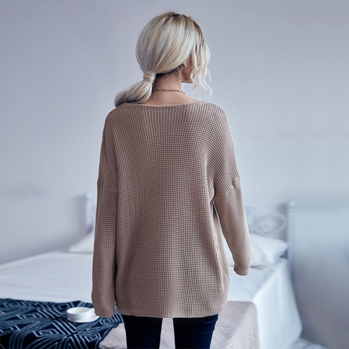 Solid Color Casual Loose Long Sleeve Solid Color V-Neck Chunky Pin Sweaters & Cardigans