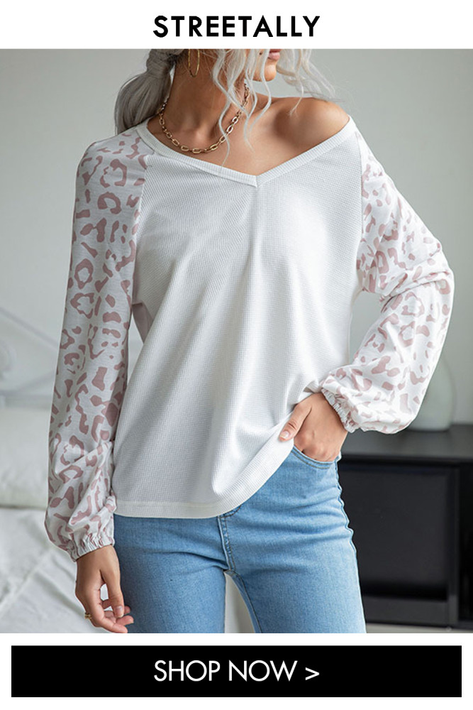 Casual Fashion Long Sleeve Leopard V-Neck Hoodies & Sweatshirts