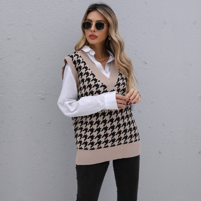 Trendy Mid-Length Houndstooth Vest Sweaters & Cardigans