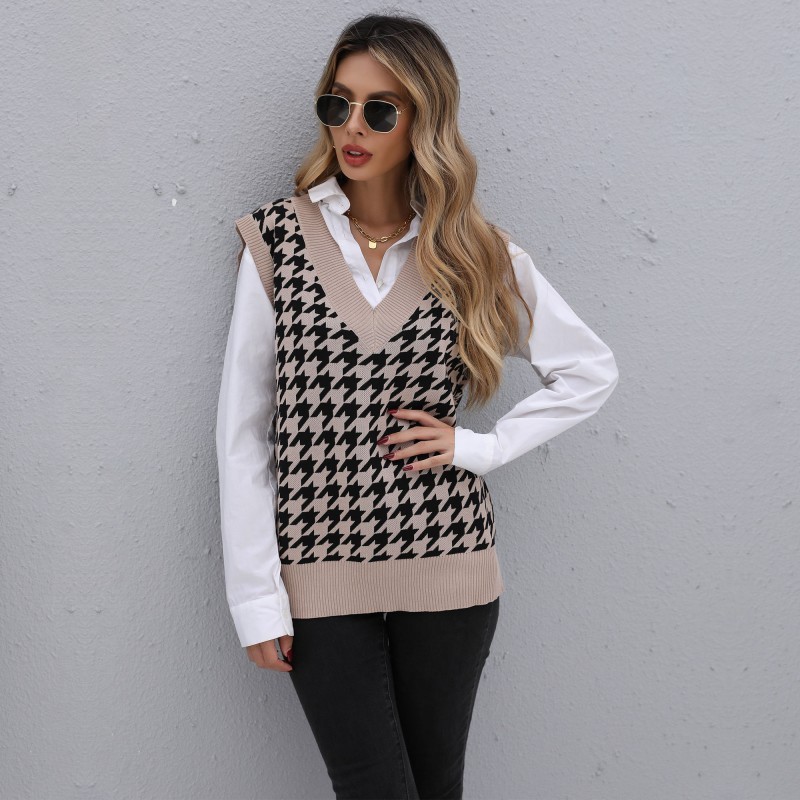 Trendy Mid-Length Houndstooth Vest Sweaters & Cardigans