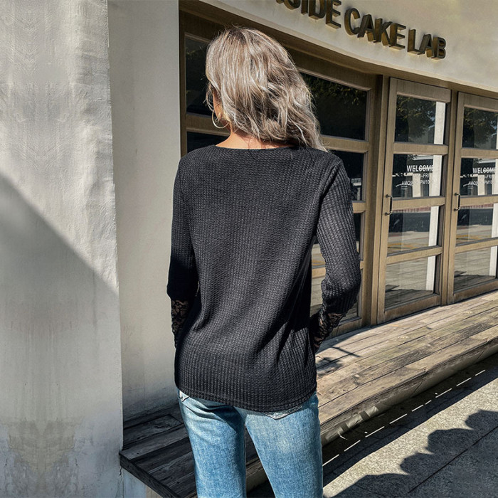 Elegant Casual Long Sleeve Lace Primed Black Hoodies & Sweatshirts