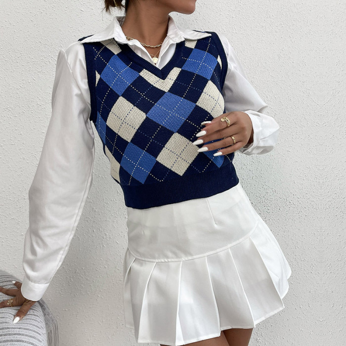 Fashion Slim Cropped Sleeveless Rhombus Vest Sweaters & Cardigans