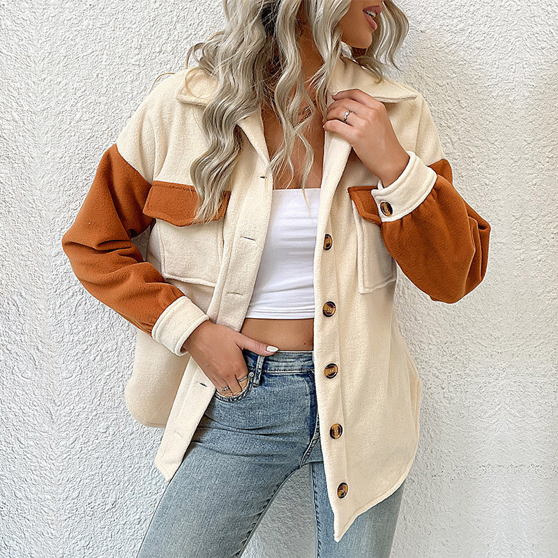 Fashion Lapel Colorblock Long Sleeve Fleece Coats