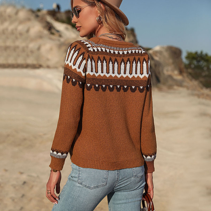 Printed Fashion Loose Brown Long Sleeve Crew Neck Pullover Sweaters & Cardigans