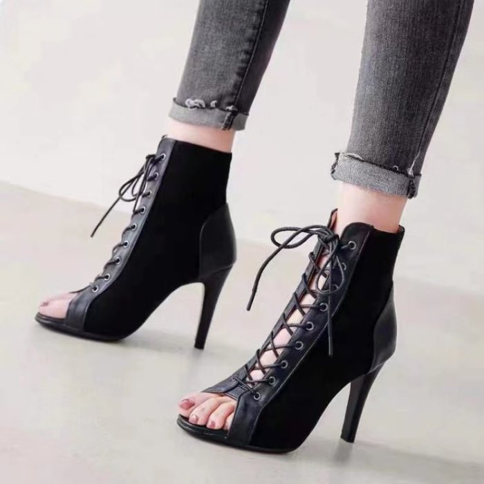 Lace-up Cutout Booties Stiletto Large Open Toe Heels