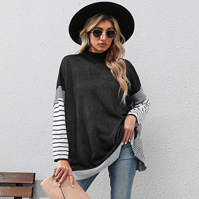 Long Sleeve Striped Turtleneck Loose Sweaters & Cardigans