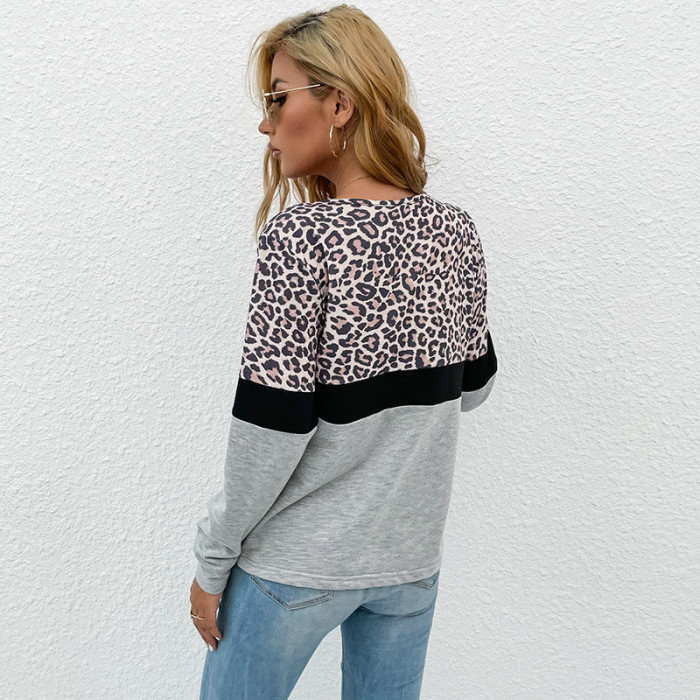 Casual Leopard Print Patchwork Long Sleeve Bottoming Hoodies & Sweatshirts