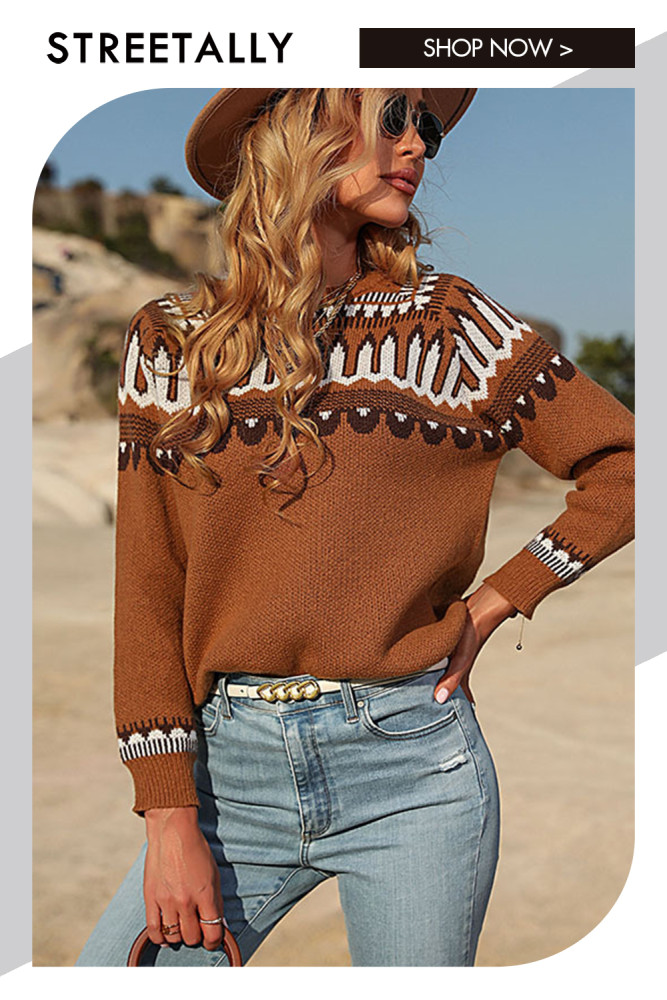 Printed Fashion Loose Brown Long Sleeve Crew Neck Pullover Sweaters & Cardigans