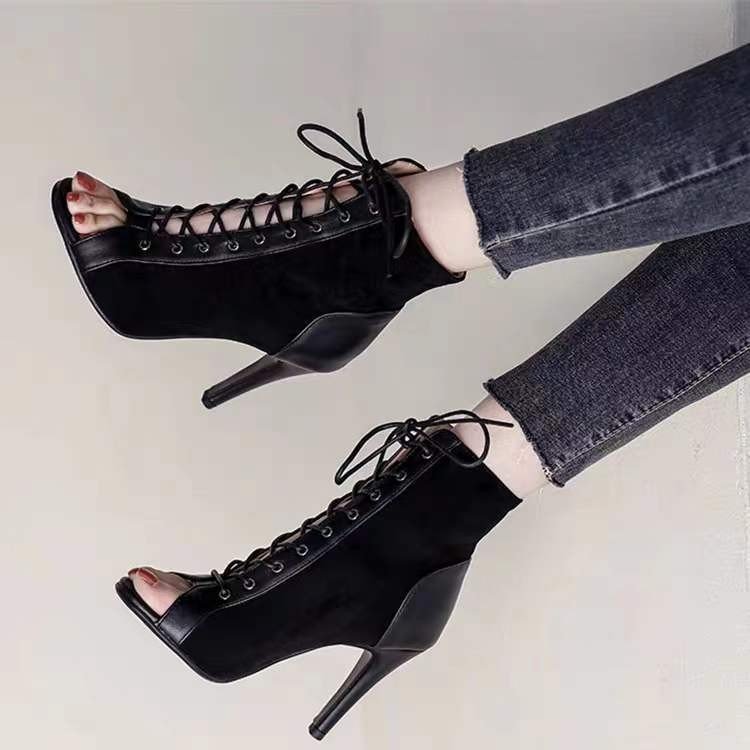 Lace-up Cutout Booties Stiletto Large Open Toe Heels