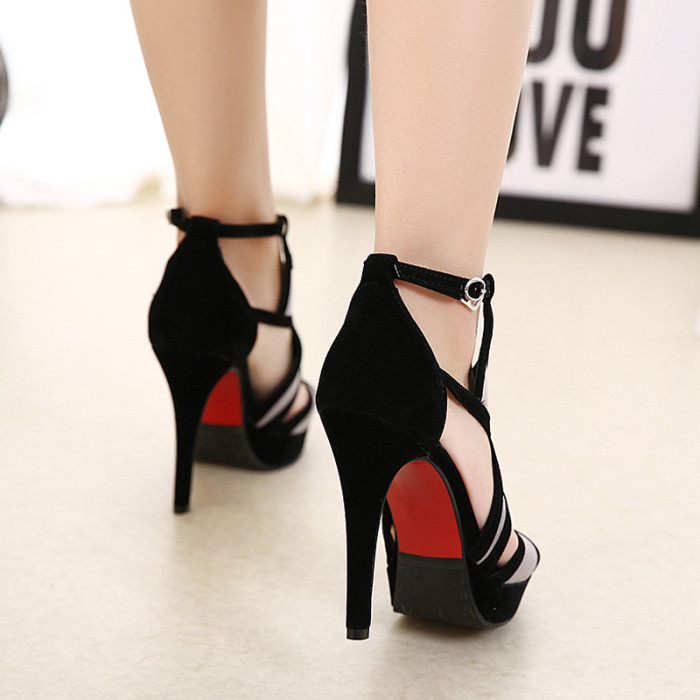 Hollow Stiletto Fish Mouth Sexy Color Matching Cross Strap Heels