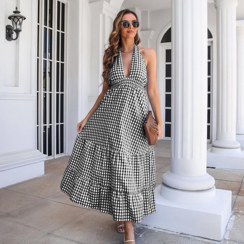 Plaid Halterneck Holiday Style Wraps Waist And Ruffles Maxi Dresses