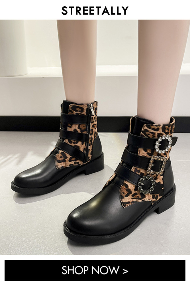 Belt Buckle Leopard Print Round Toe Chunky Heel Fashion Plus Size Ankle Boots