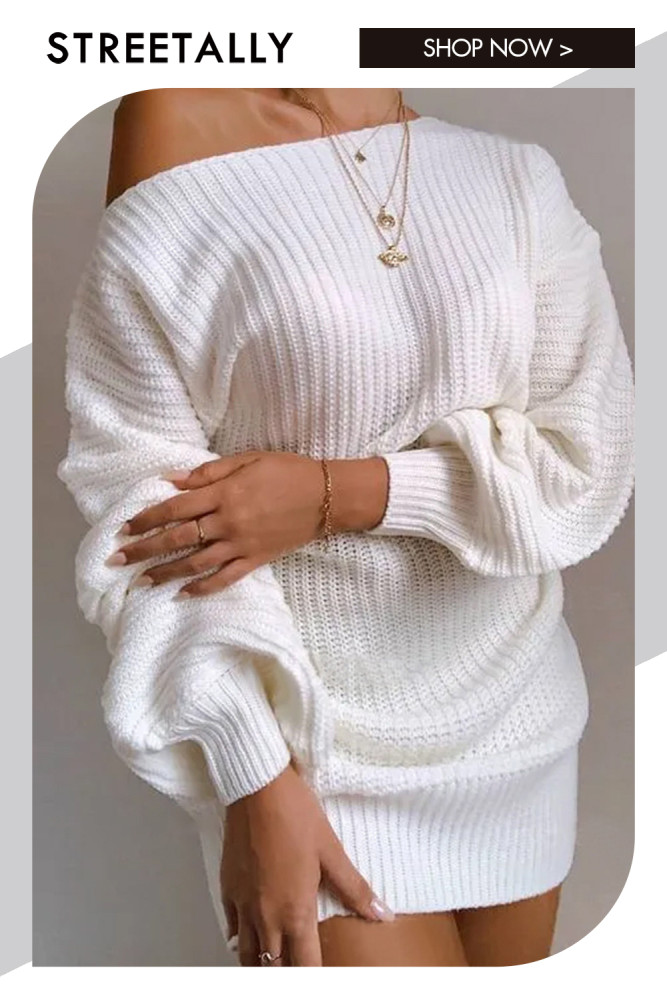 Off Shoulder Plus Size Loose Slip Neck Solid Pullover Sweaters & Cardigans