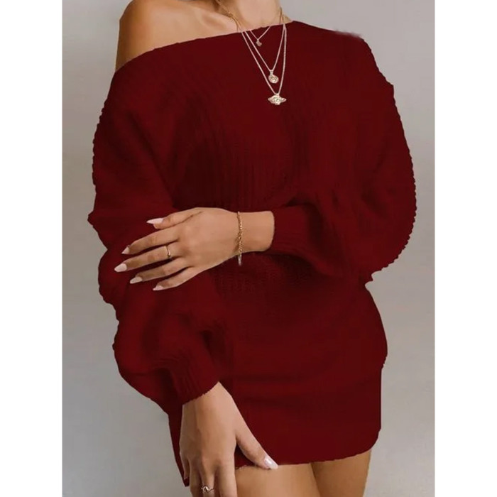 Off Shoulder Plus Size Loose Slip Neck Solid Pullover Sweaters & Cardigans