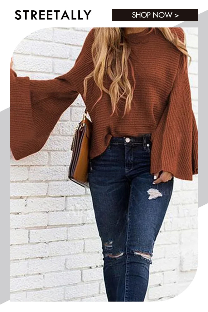Solid Flared Sleeves Solid Elegant Sweaters & Cardigans