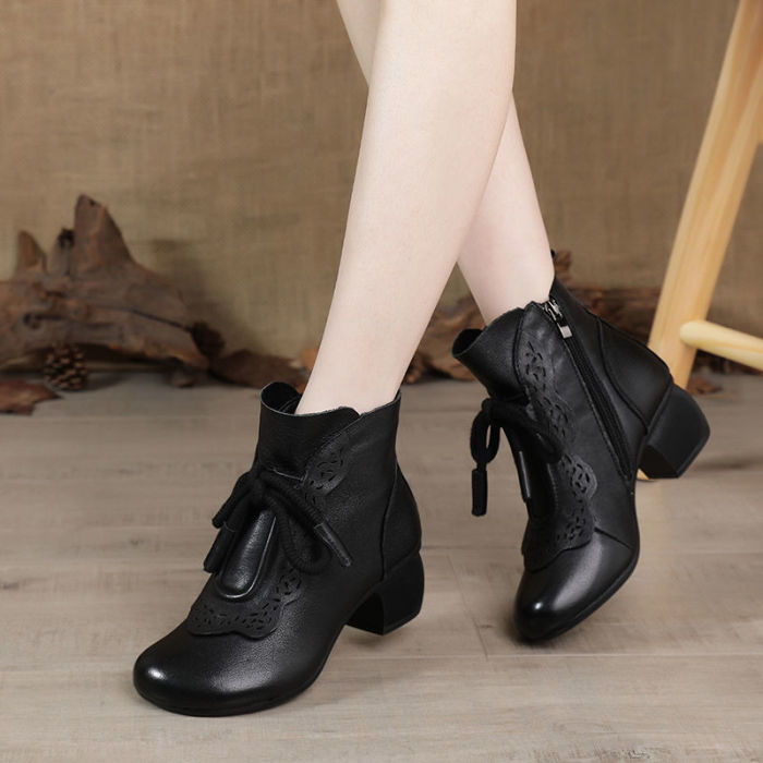 Fashion Ethnic Vintage Round Toe Mid Chunky Heel Side Zipper Tie Ankle Boots