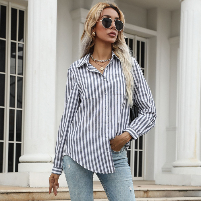 Striped Lapel Long Sleeve Casual Blouses & Shirts