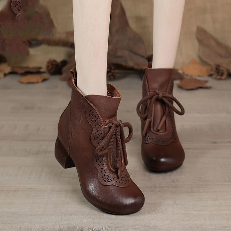 Fashion Ethnic Vintage Round Toe Mid Chunky Heel Side Zipper Tie Ankle Boots