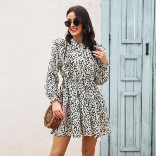 Floral Print Long Sleeve Crew Neck Ruffle Neck Waist Mini Dresses