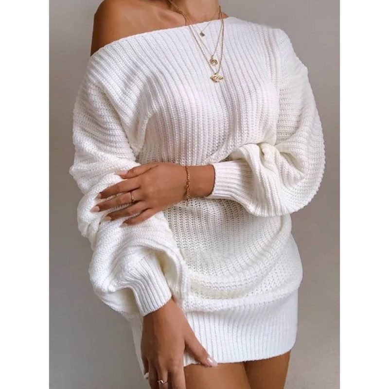 Off Shoulder Plus Size Loose Slip Neck Solid Pullover Sweaters & Cardigans