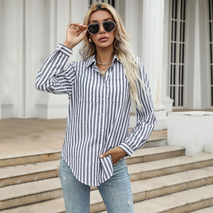 Striped Lapel Long Sleeve Casual Blouses & Shirts