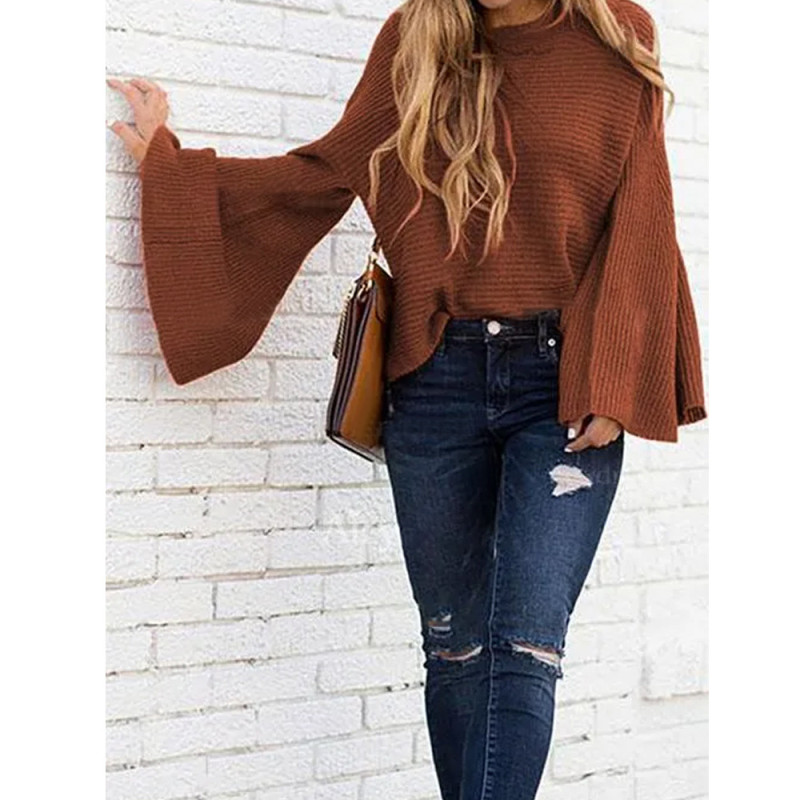 Solid Flared Sleeves Solid Elegant Sweaters & Cardigans
