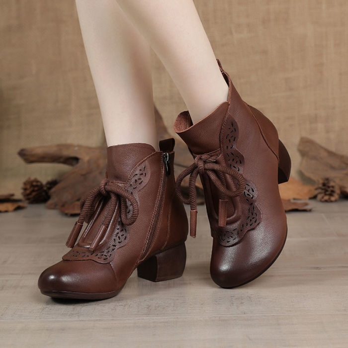 Fashion Ethnic Vintage Round Toe Mid Chunky Heel Side Zipper Tie Ankle Boots