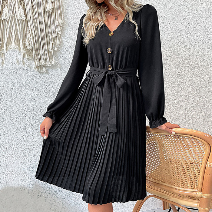 Fashion Pleated Black Long Sleeve Pleated Midi Dresses