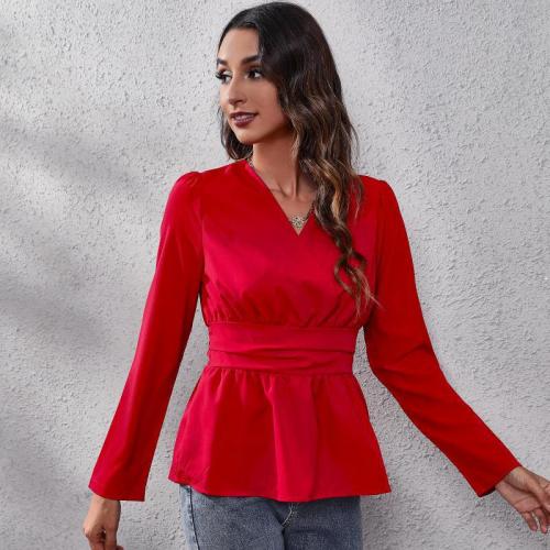 V-Neck Neck Waist Slim Bubble Long Sleeve Solid Blouses & Shirts