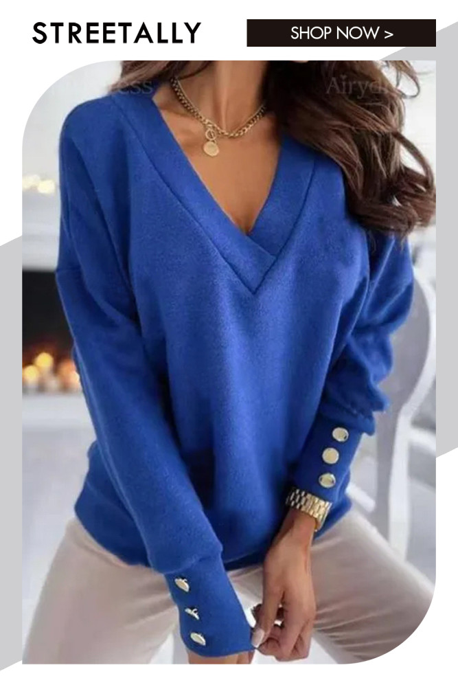 Fashion Long Sleeve V-Neck Solid Color Loose Pullover Sweaters & Cardigans