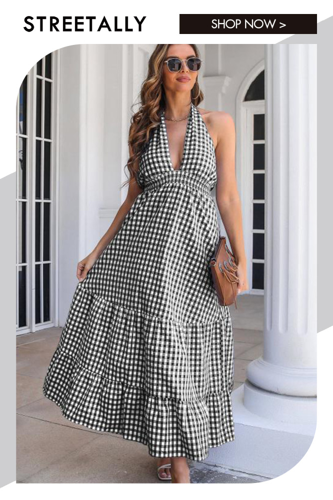 Plaid Halterneck Holiday Style Wraps Waist And Ruffles Maxi Dresses