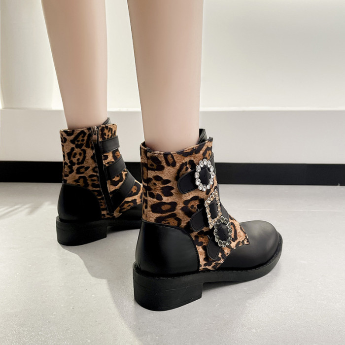 Belt Buckle Leopard Print Round Toe Chunky Heel Fashion Plus Size Ankle Boots